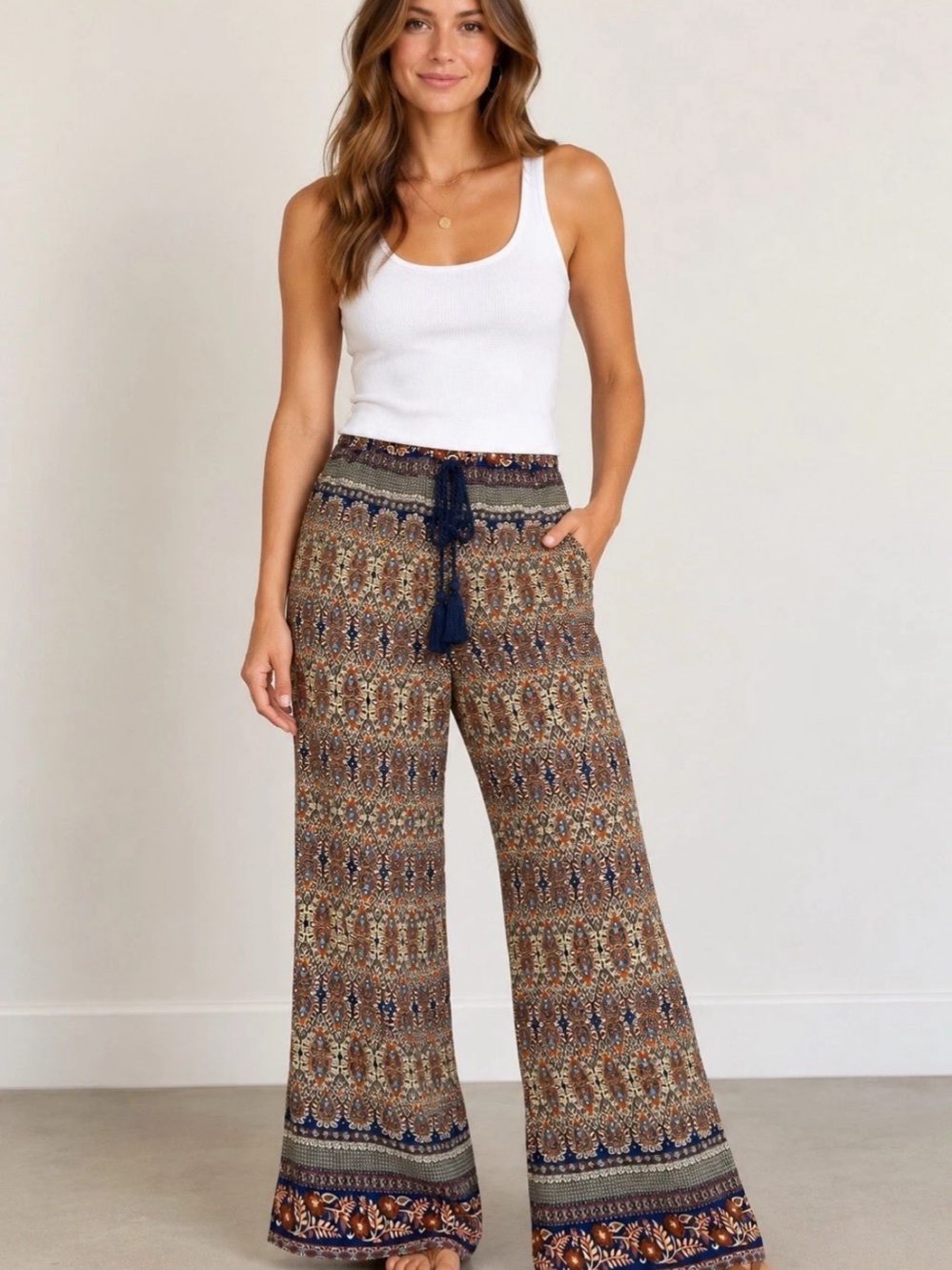 Flying Tomato Boho Paisley Palazzo Pants L Rayon Wide Leg Flare Tassel Festival